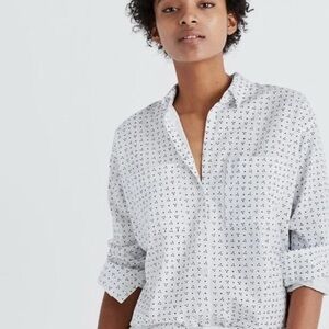 Madewell White Button Up Shirt with Navy Dots Size Medium
